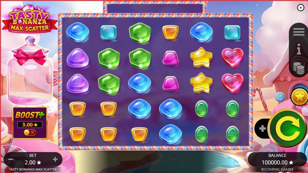 Tampilan visual ceria dan penuh warna dari slot Tasty Bonanza Max Scatter